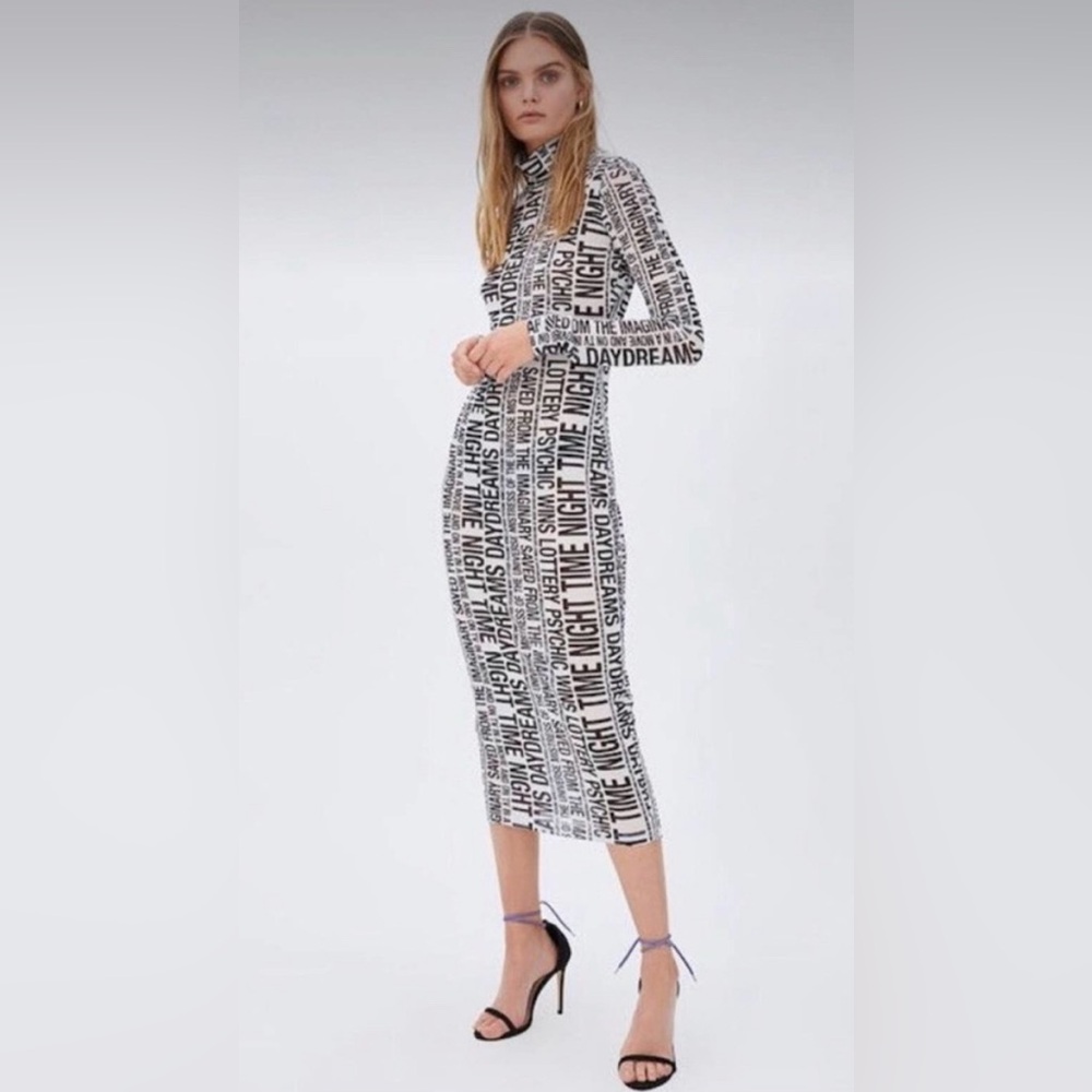 Ksubi The Opposite Mesh White Black Graphic Print Bodycon Midi Mock Neck Dress S - Picture 1 of 10